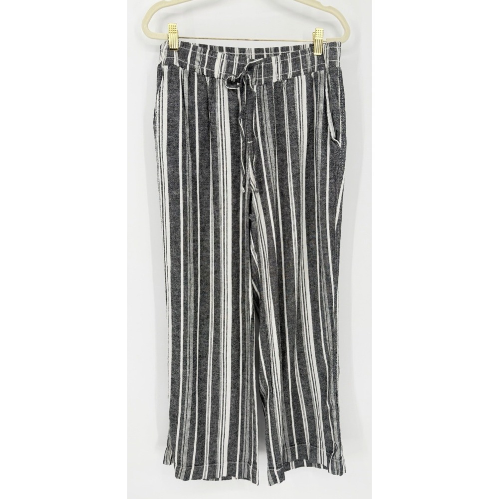 Briggs Pants L Gray Striped Elastic‎ Waist Pockets Linen Blend Coastal Resort